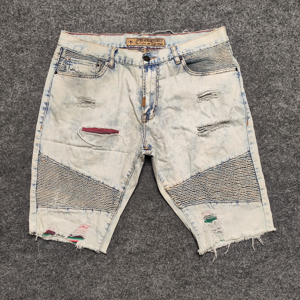Lifted Research Group Shorts Mens 38 Blue Acid Wash Denim Biker Moto Distressed